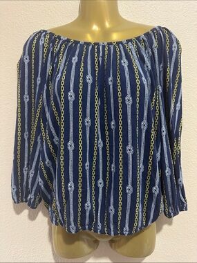 MICHAEL KORS Navy Chain-Print Off-Shoulder Women's Knit Top, Size M